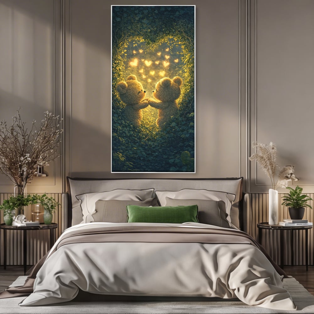 Tablou canvas cu doi ursuleti pufosi in padure, in rama de aluminiu argintiu, pe perete intr-un dormitor